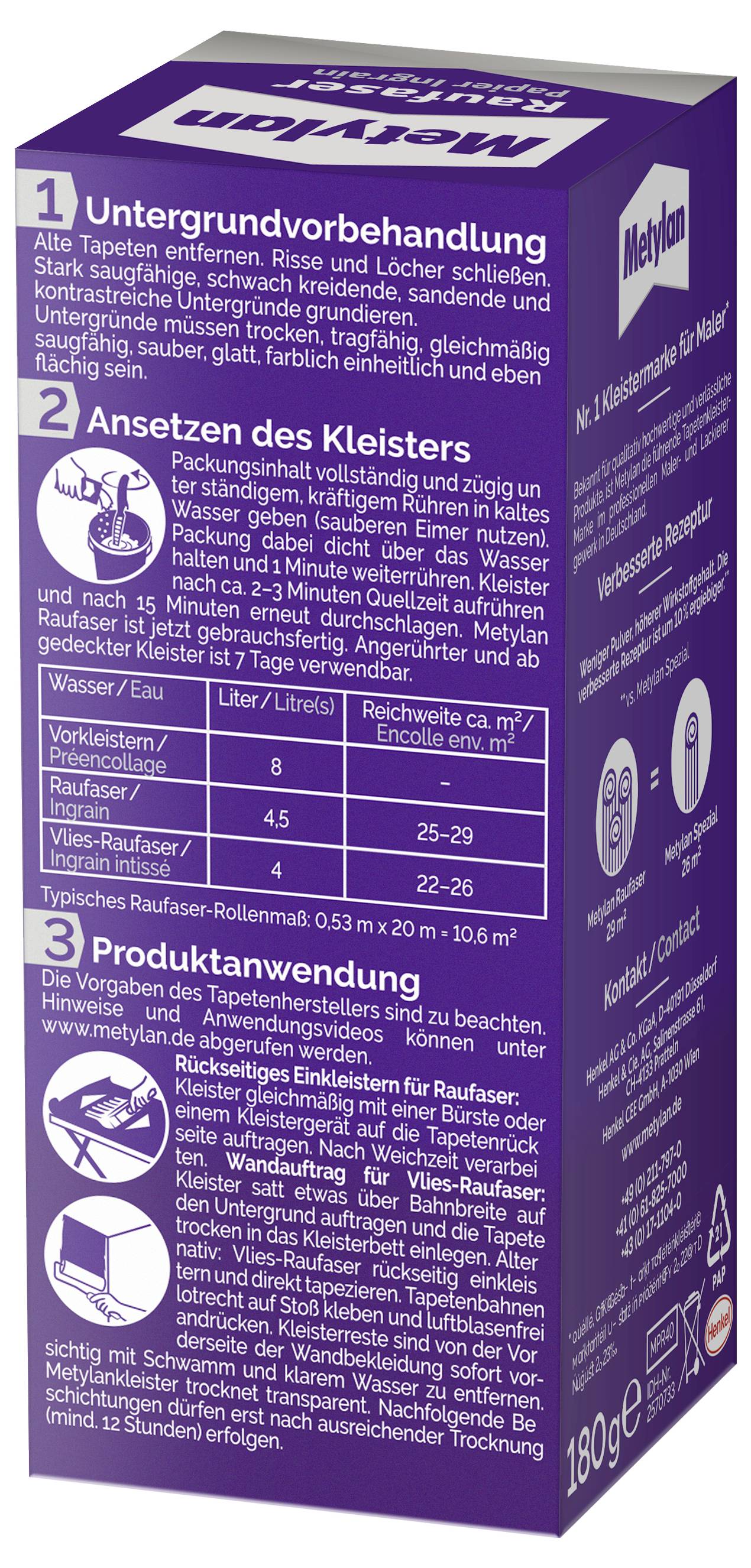 The image shows a glue product box with instructions in German for wallpaper preparation, mixing, and application. Key highlights include ratios and coverage details.