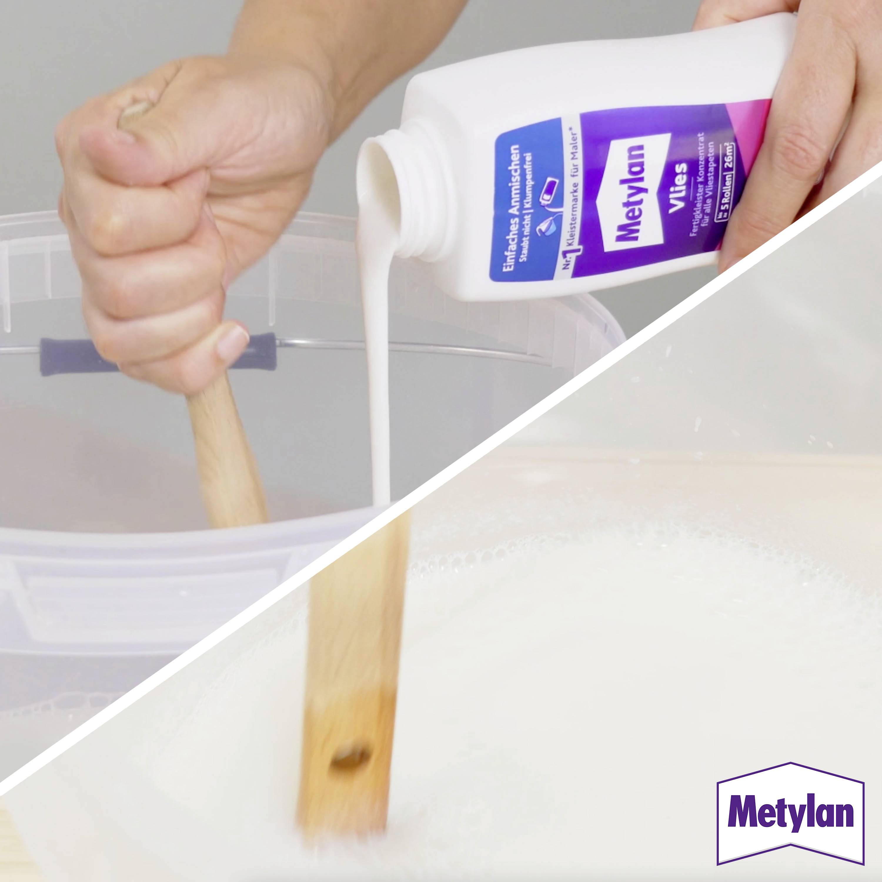 Two images: Top shows a hand pouring Metylan glue into a container; bottom shows a wooden stick mixing the glue. Metylan logo visible.