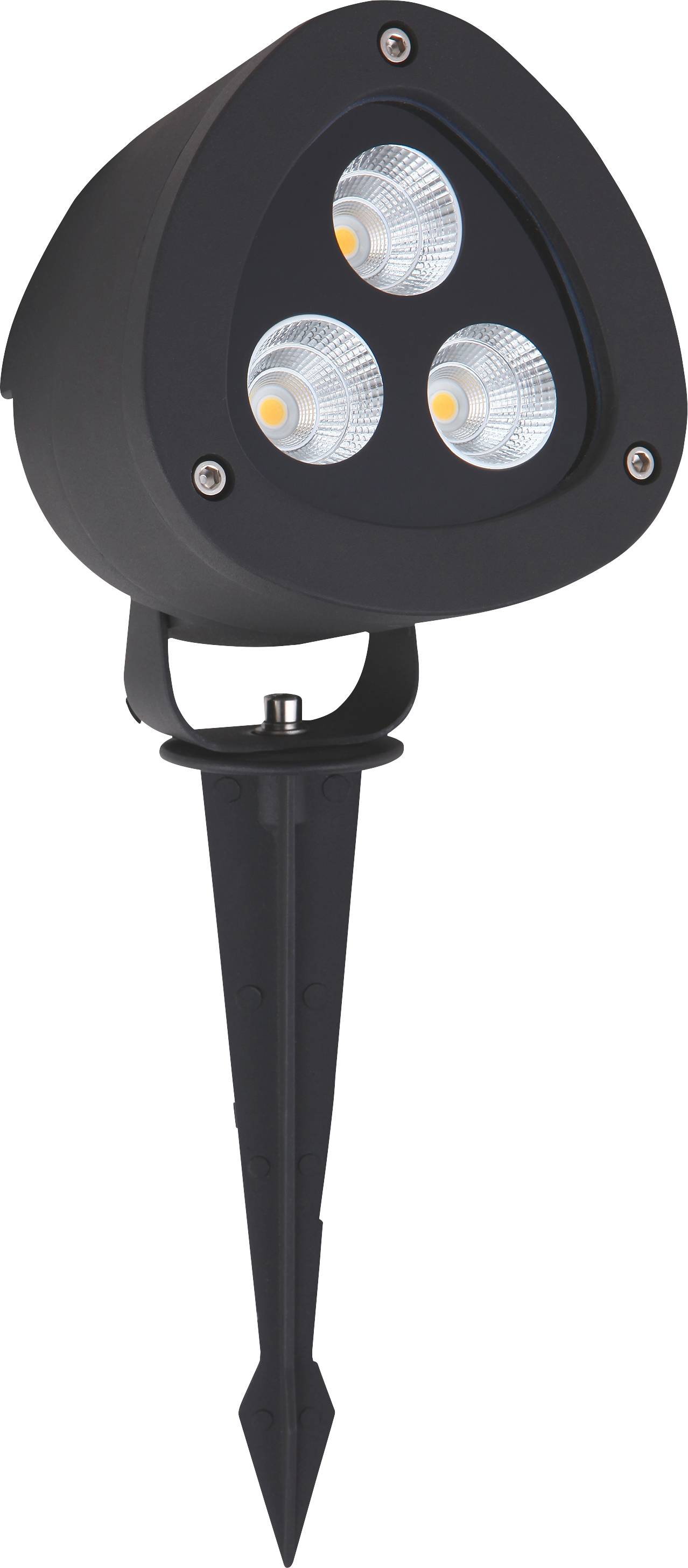 Black outdoor spotlight with three LED bulbs, tapered ground spike for securing in the ground. Ideal for garden lighting.