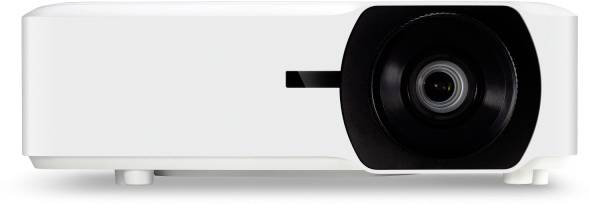 A white projector, shown front-on, with a large black lens on the right-hand side.
