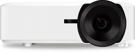 A white projector with a large lens on the front. Suitable for presentations or home cinema.
