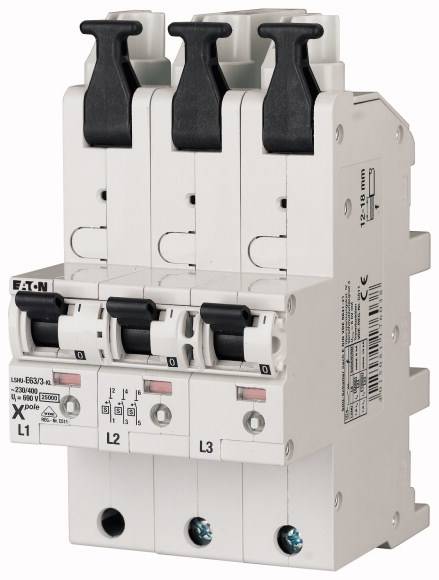 A three-pole circuit breaker with black levers, labelled 'L1', 'L2' and 'L3'. Used for protecting electrical circuits.