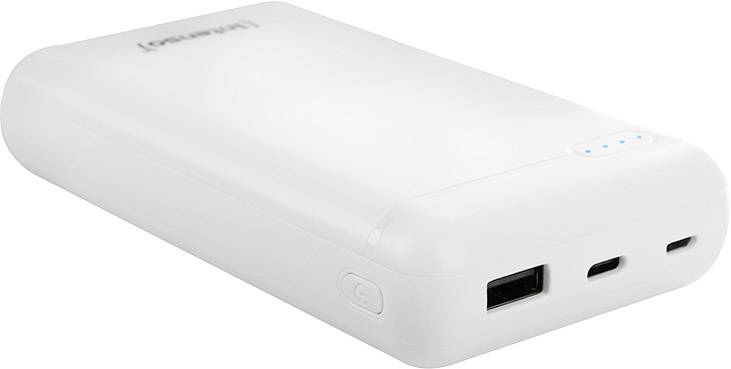 A white, portable battery pack with multiple ports and a charging indicator on the top surface.