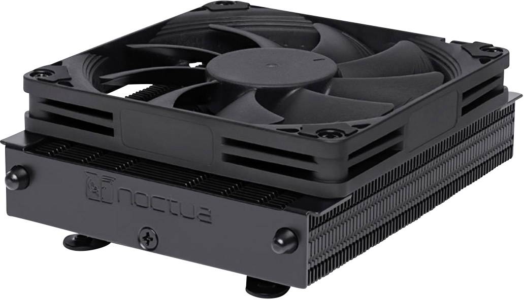 A compact, black CPU cooler with a flat fan and stacked heat fins, suitable for small PC cases.
