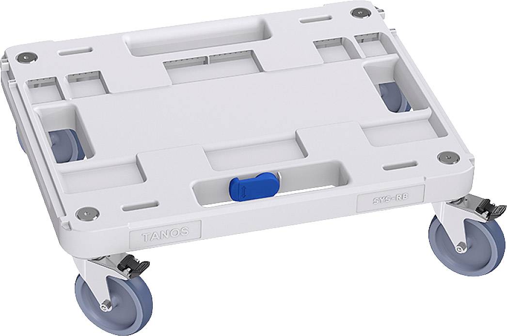 Trolley with blue wheels, suitable for transporting heavy items.