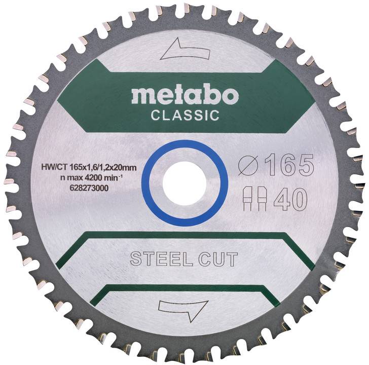 Metabo circular saw blade, 'Classic' model, 165 mm diameter, maximum 4200 rpm, suitable for steel.