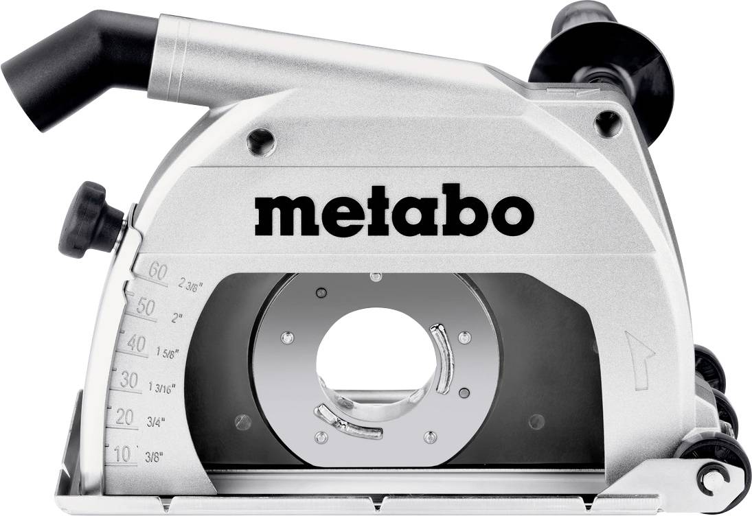 Metabo circular saw, close-up of the front with scale and adjustment wheels.