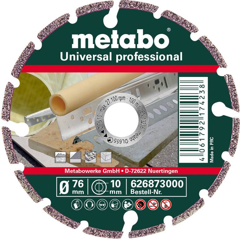 Metabo diamond saw blade packaging showing a 76 mm blade for universal professional use, with product number 626873000 and barcode.
