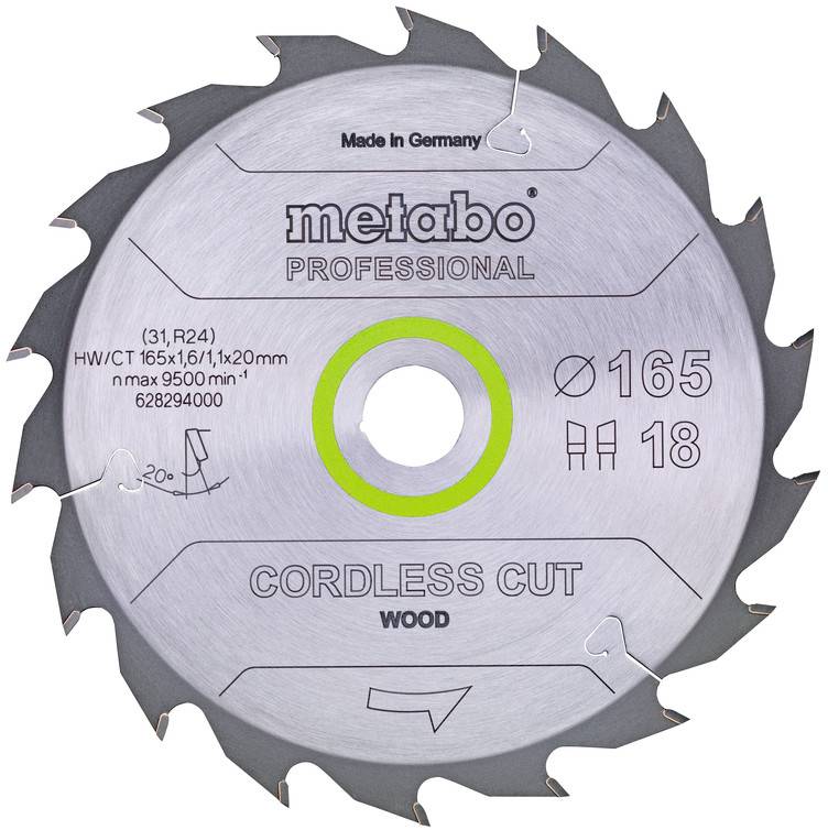 Metabo Professional circular saw blade for cordless cutting of wood, 165 mm diameter, 18 teeth, with central mounting hole.