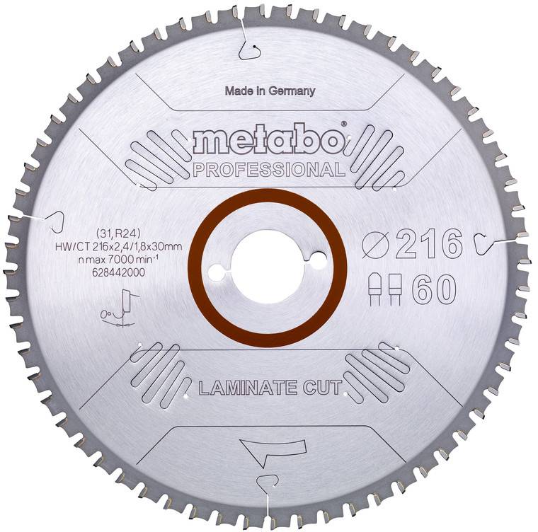 Silver Metabo Professional circular saw blade labeled 'Made in Germany', 'Ø216', '60', and 'LAMINATE CUT'.
