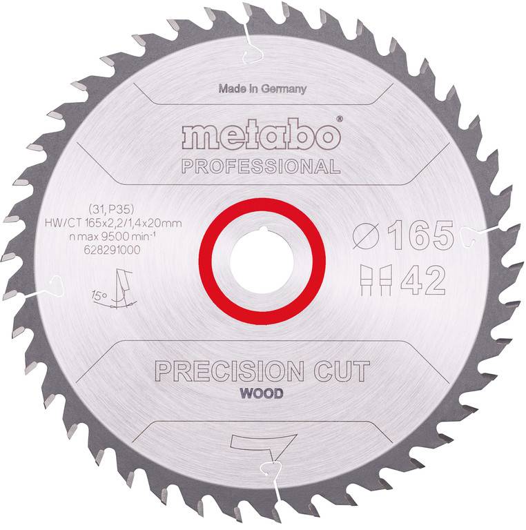 Metabo Professional precision-cut wood circular saw blade, labeled 165 mm, 42 teeth, max 9500 rpm, with central arbor hole.