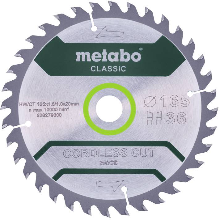 Close-up of a Metabo Classic circular saw blade labeled 'CORDLESS CUT' for wood, with green center ring and size markings '165' and '36'.