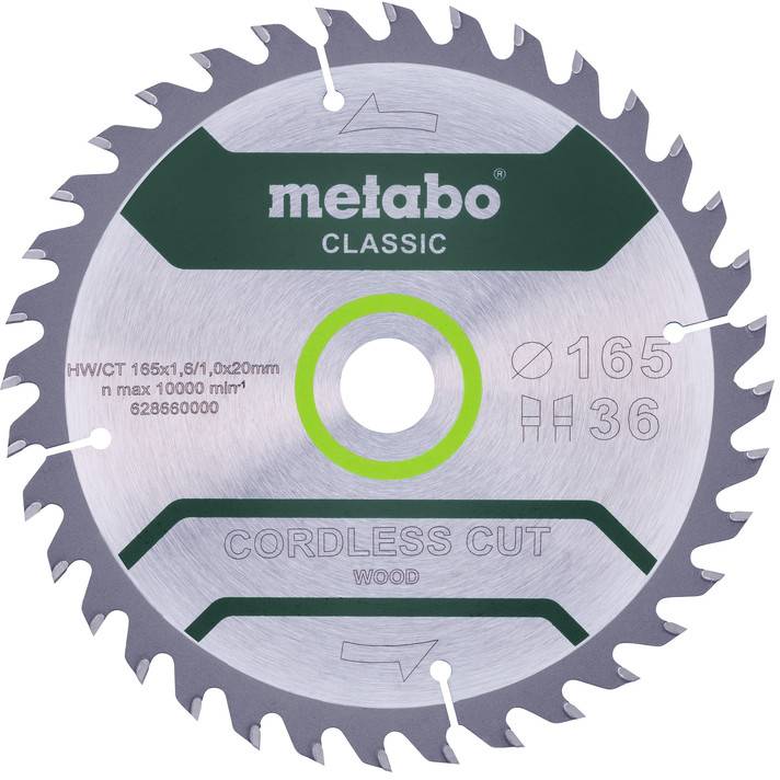 Metabo Classic cordless cut wood circular saw blade, 165 mm, 36 teeth, shown front-on with product markings.