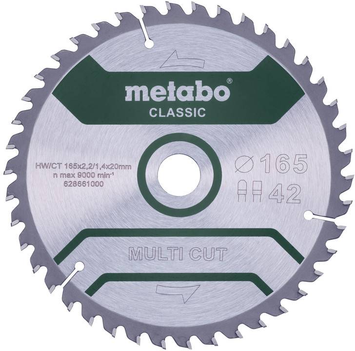 Circular Metabo Classic Multi Cut saw blade with silver metal body, green labels, central hole, and toothed edge.