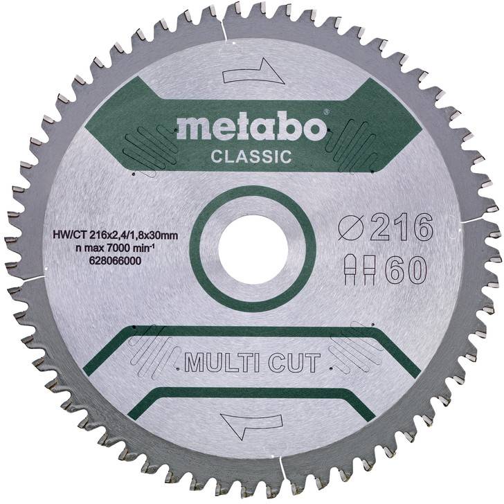 Sägeblatt der Marke Metabo Classic mit der Aufschrift HW/CT 216x2,4/1,8x30 mm, max 7000 min⁻¹, Ø216, H60, Multi Cut.