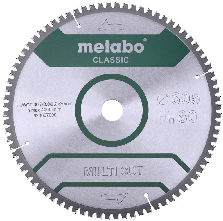 Circular saw blade with 40 teeth, diameter 216 mm. Inscription 'Metabo Classic, Multi Cut, HW/CT 216x2.4/1.8x30mm, max 7000 rpm'.