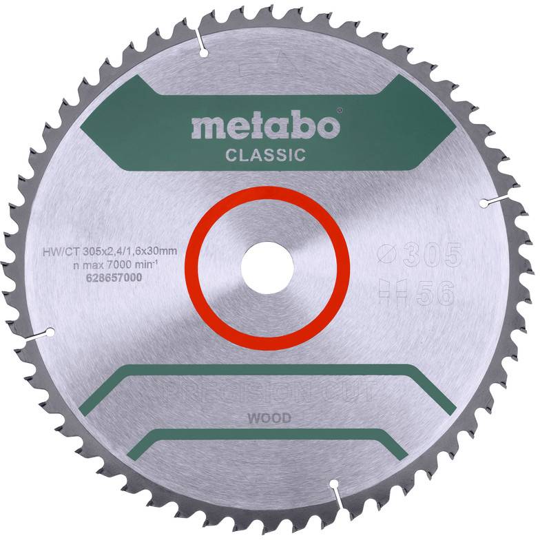 Circular Metabo Classic wood-cutting saw blade with green labels, red center ring, and toothed edge.