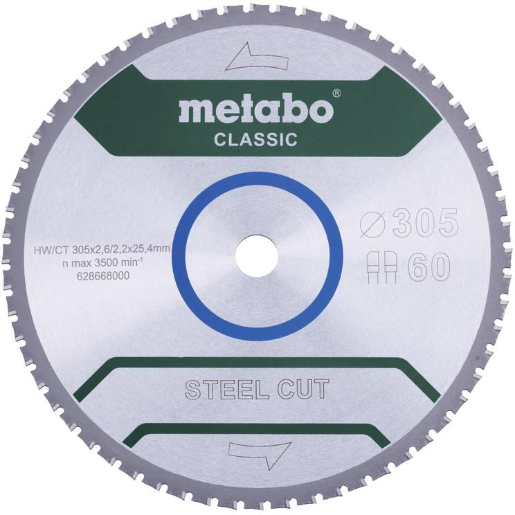 Metabo circular saw blade for steel cutting, diameter 305 mm, 60 teeth. Maximum rotational speed 3,500 rpm.
