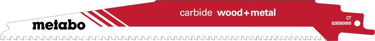Metabo saw blade, suitable for wood and metal, with the inscription 'carbide wood+metal'.
