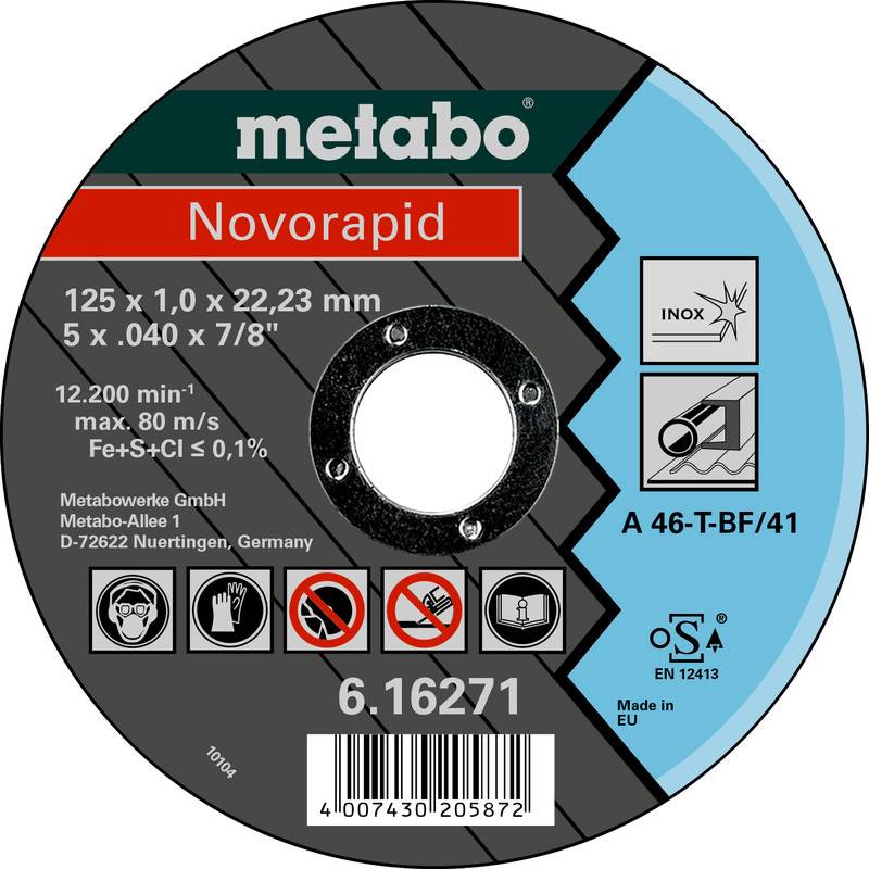 Cutting disc for metalworking, Metabo Novorapid, 125x1.0x22.23 mm, speed up to 12,200 rpm, max. speed 80 m/s, Made in EU.