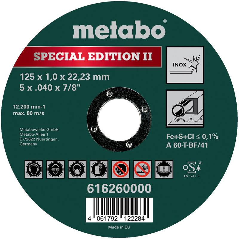 Metabo Cutting Disc, Special Edition II, 125 x 1.0 x 22.23 mm, maximum 12,200 rpm, suitable for stainless steel, spark-free use. Made in EU.