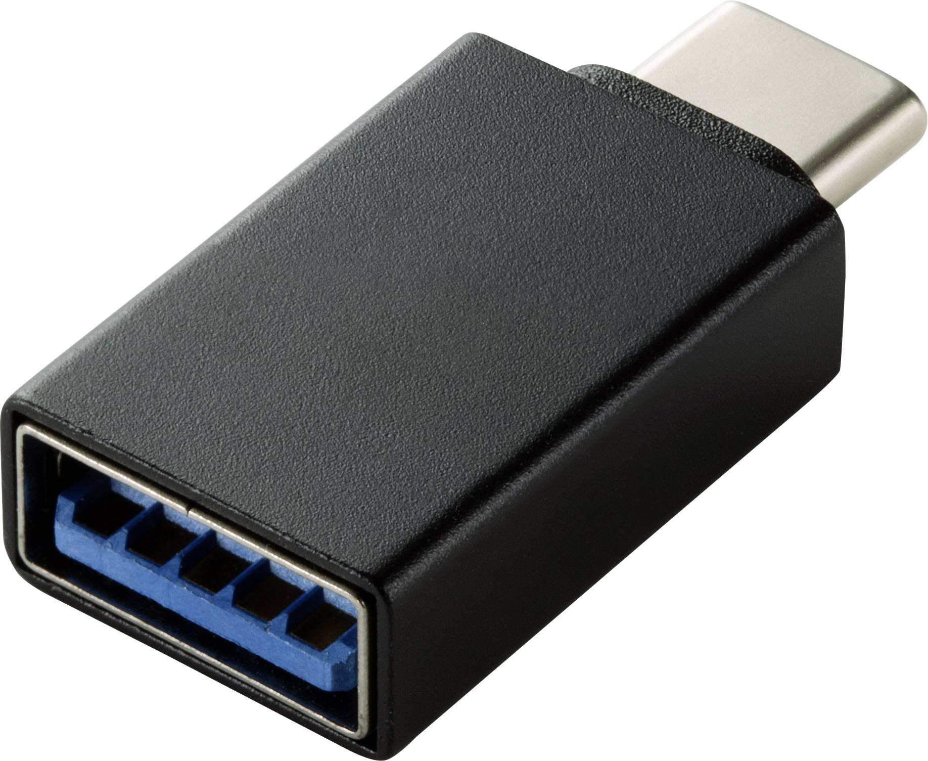 Black USB adapter from USB-C to USB-A, enables connections between different USB devices and cables.