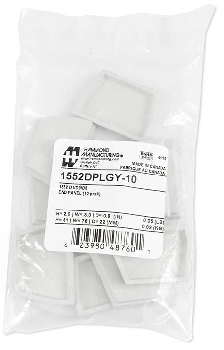 A pack of 10 grey end plates of type '1552DPLGY-10' from Hammond Manufacturing, manufactured in Canada.