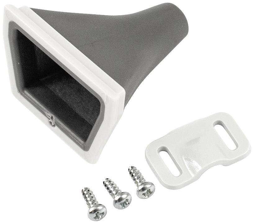 A black door stop with a white border, three silver screws, and a white mounting bracket are lying side by side on a surface.