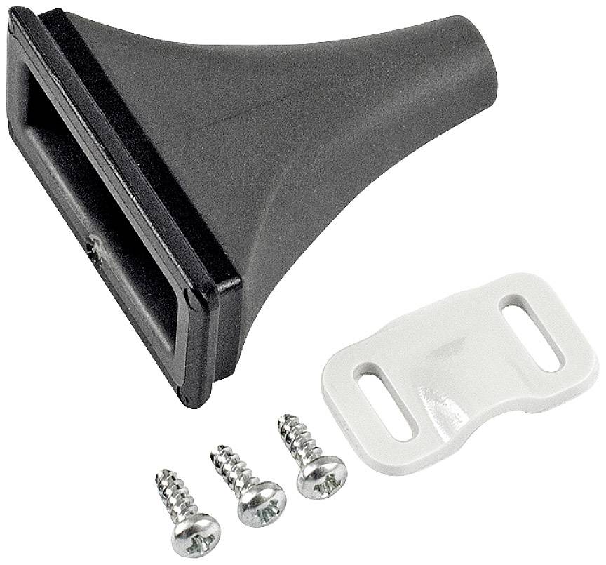 Black fastening element with three screws and a white washer, used for mounting.