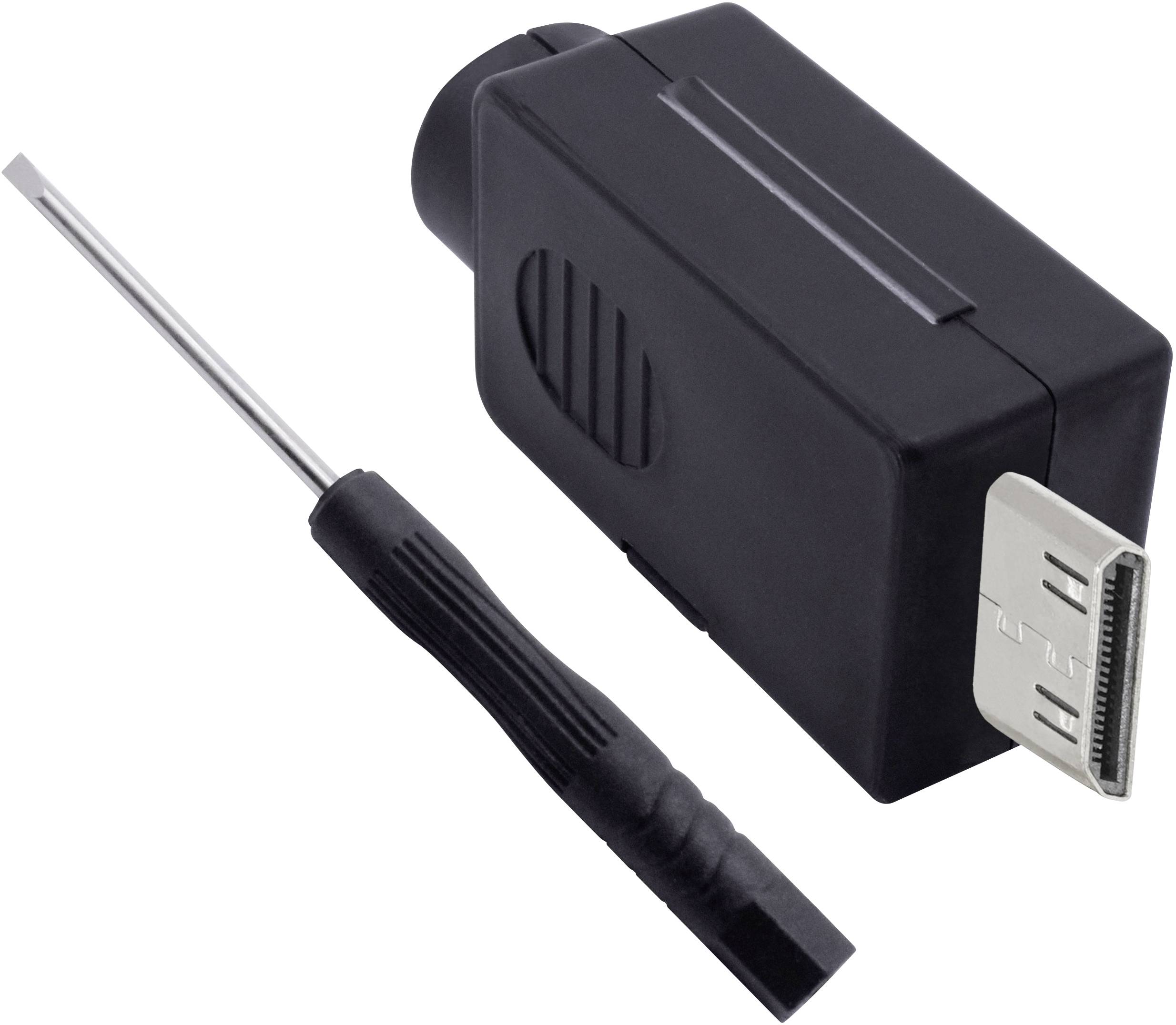 Adaptor and screwdriver. The adaptor has an HDMI plug and enables the conversion of signal formats.