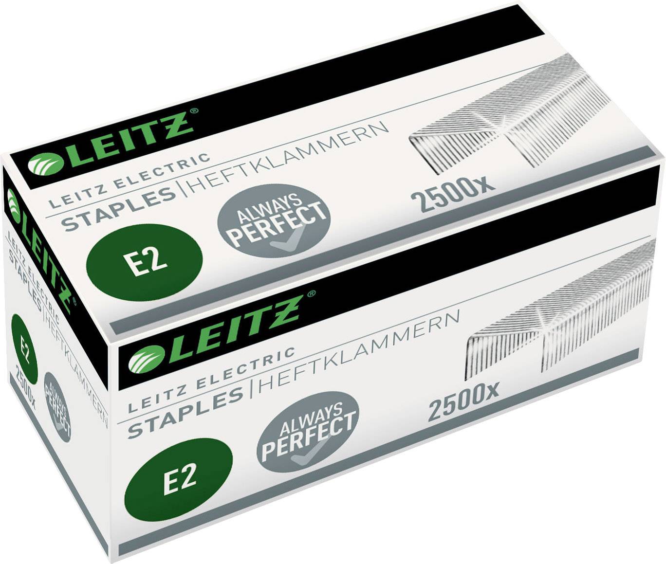 A pack of 2500 Leitz E2 staples for electric staplers, labelled 'Always Perfect'.