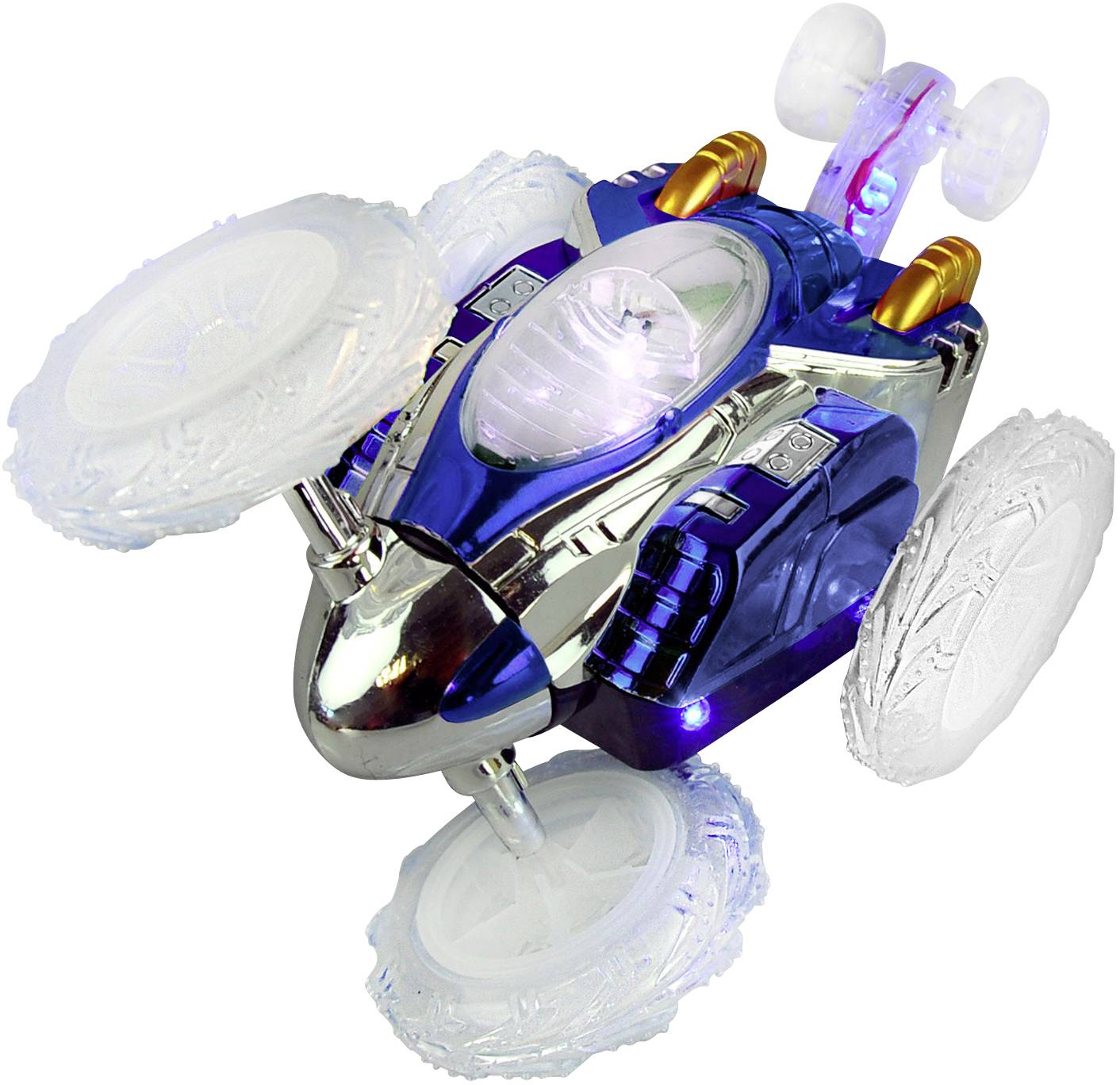 A blue-silver toy car with illuminated tyres and spinning wheels, designed for acrobatic manoeuvres.