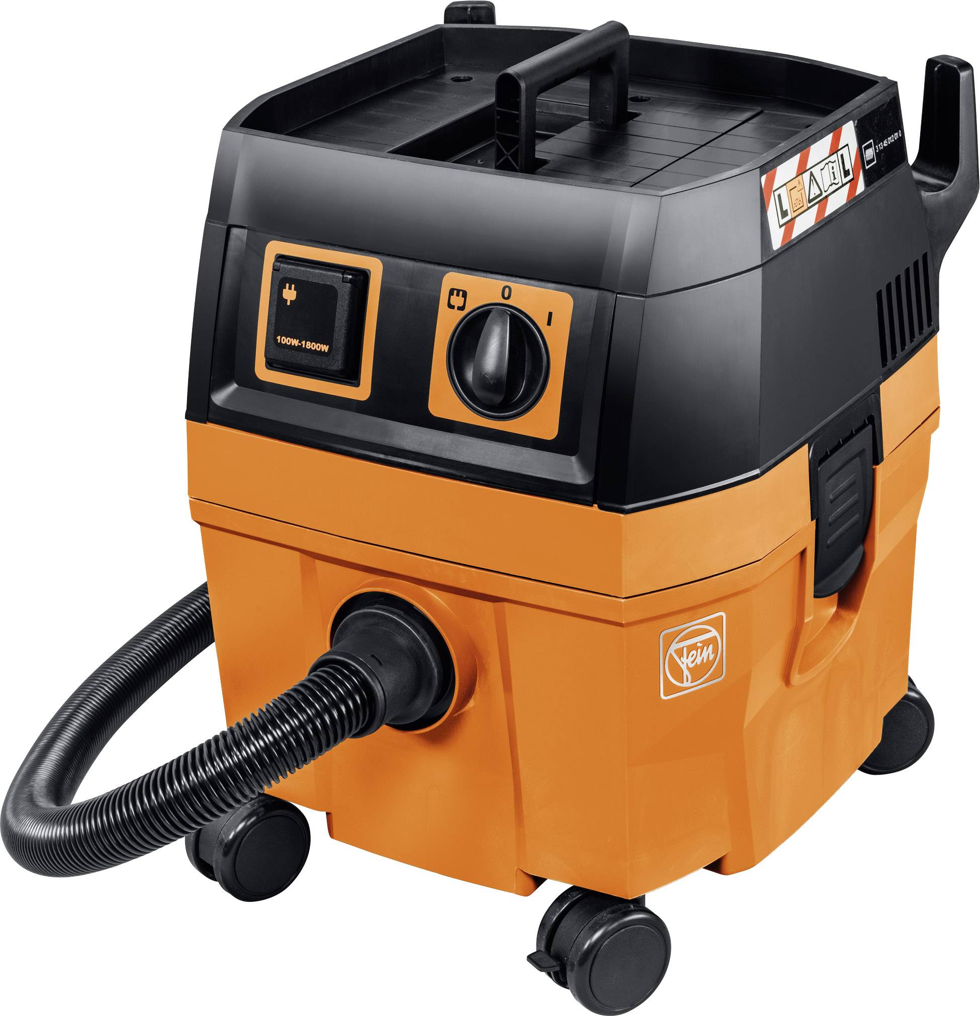 An orange and black workshop vacuum cleaner with a hose and wheels, suitable for use in construction or workshop environments.