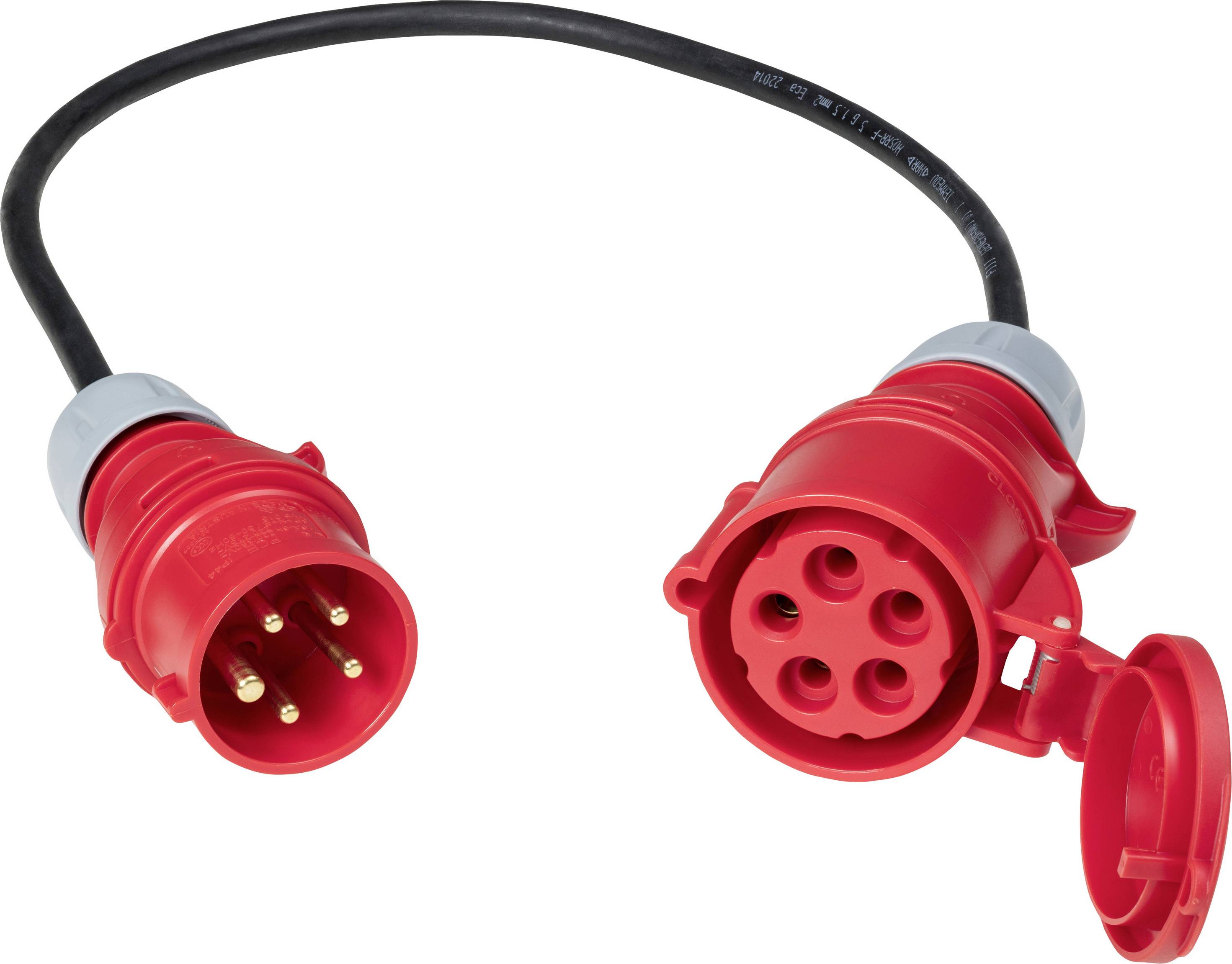 A red power cable with round, multi-pin connectors at both ends, suitable for industrial use.