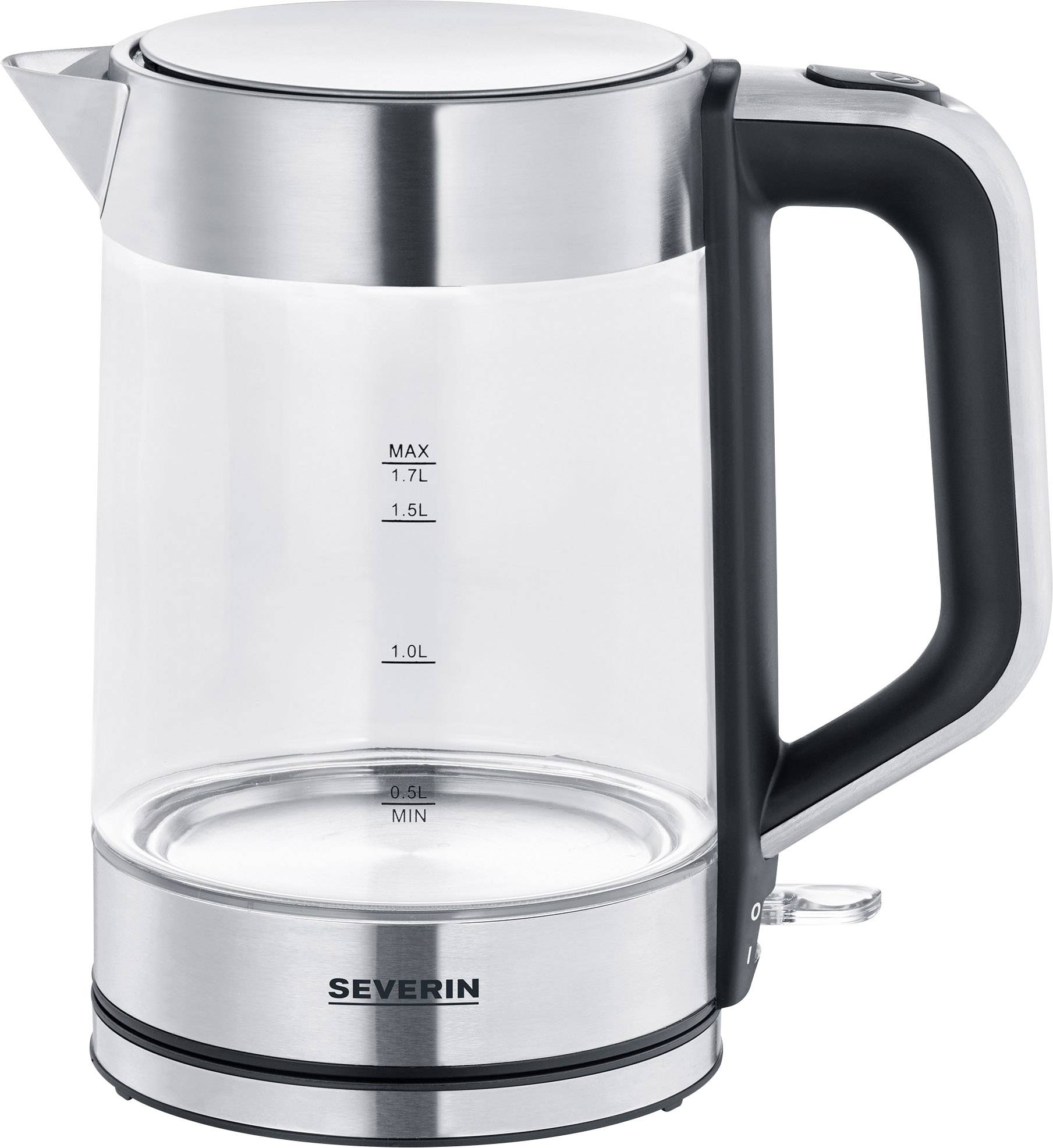 Transparent electric kettle with a black handle and stainless steel accents, showing water level indicator up to 1.7 litres.