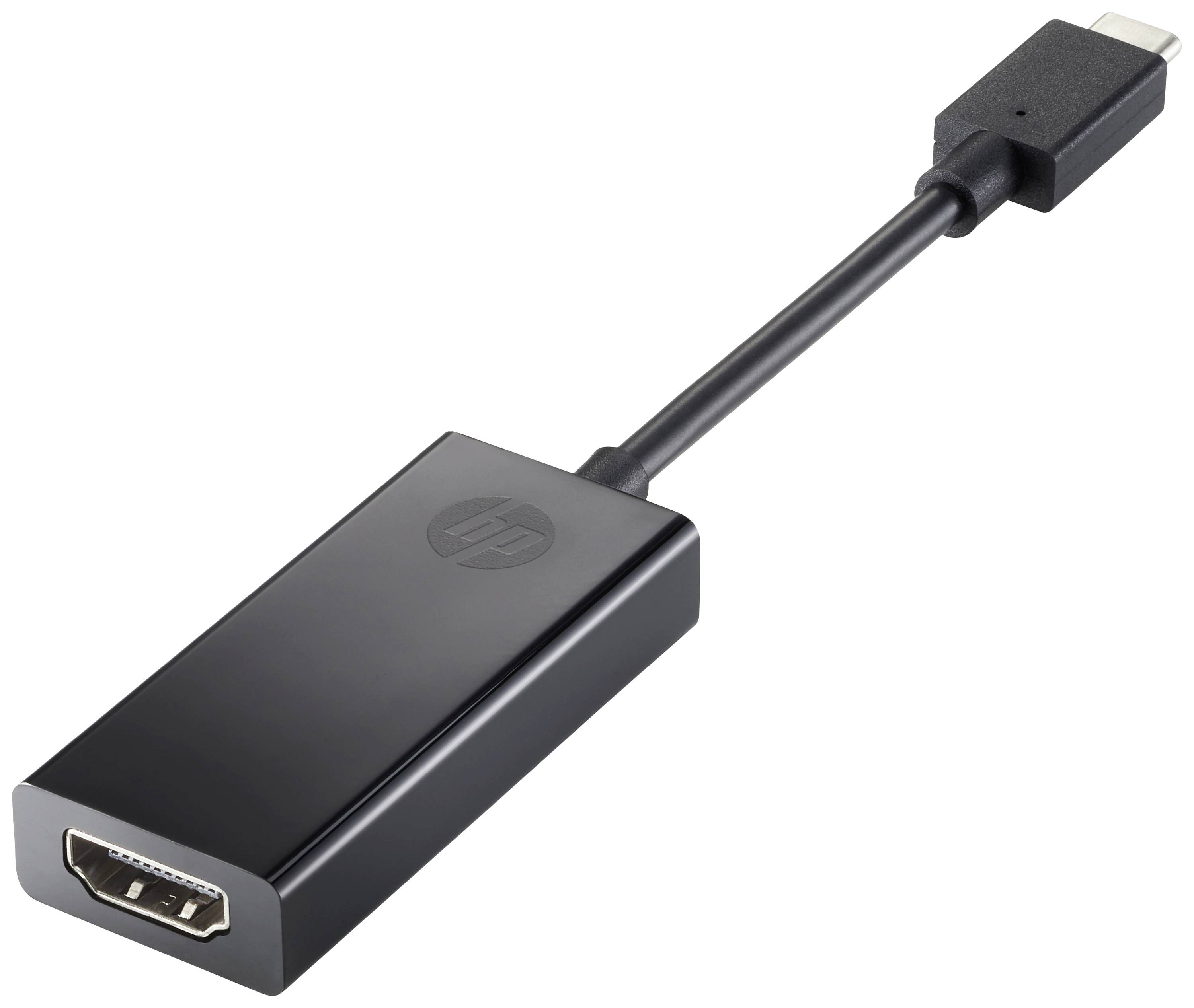 Black adapter with USB-C port on one side and HDMI socket on the other. Marked with HP logo.
