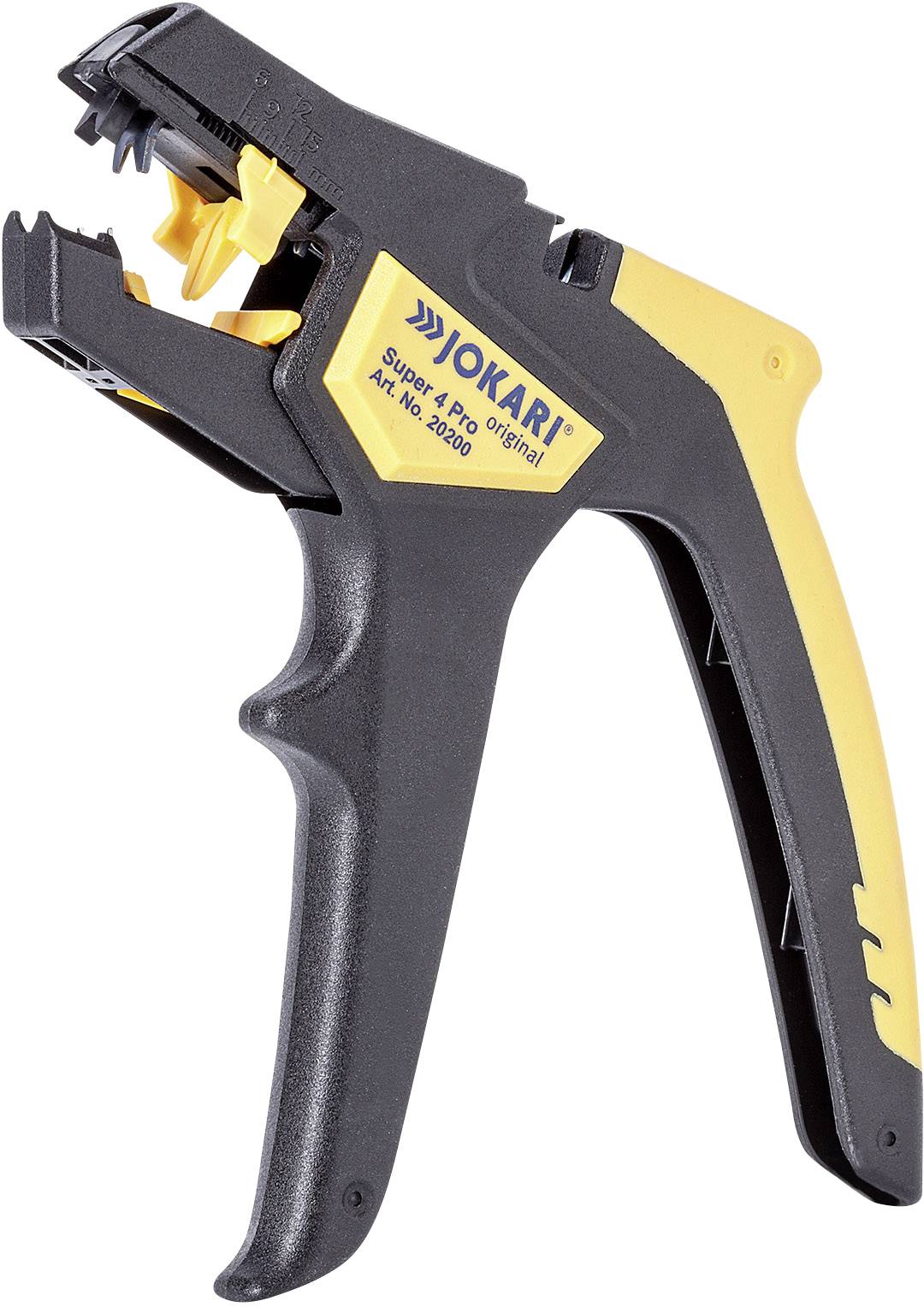 A black and yellow wire stripping pliers by Jokari, Model Super 4 Plus, for precise cable stripping and insulation removal.