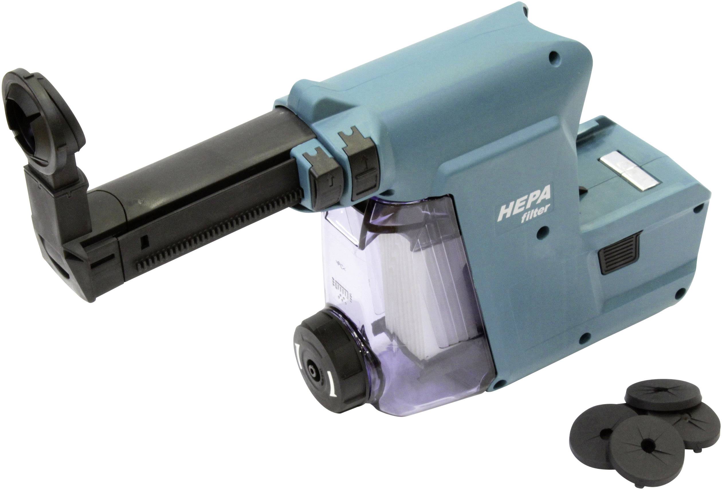 A cordless vacuum attachment with a HEPA filter in a blue housing, including a round replacement filter. Ideal for clean drilling work.