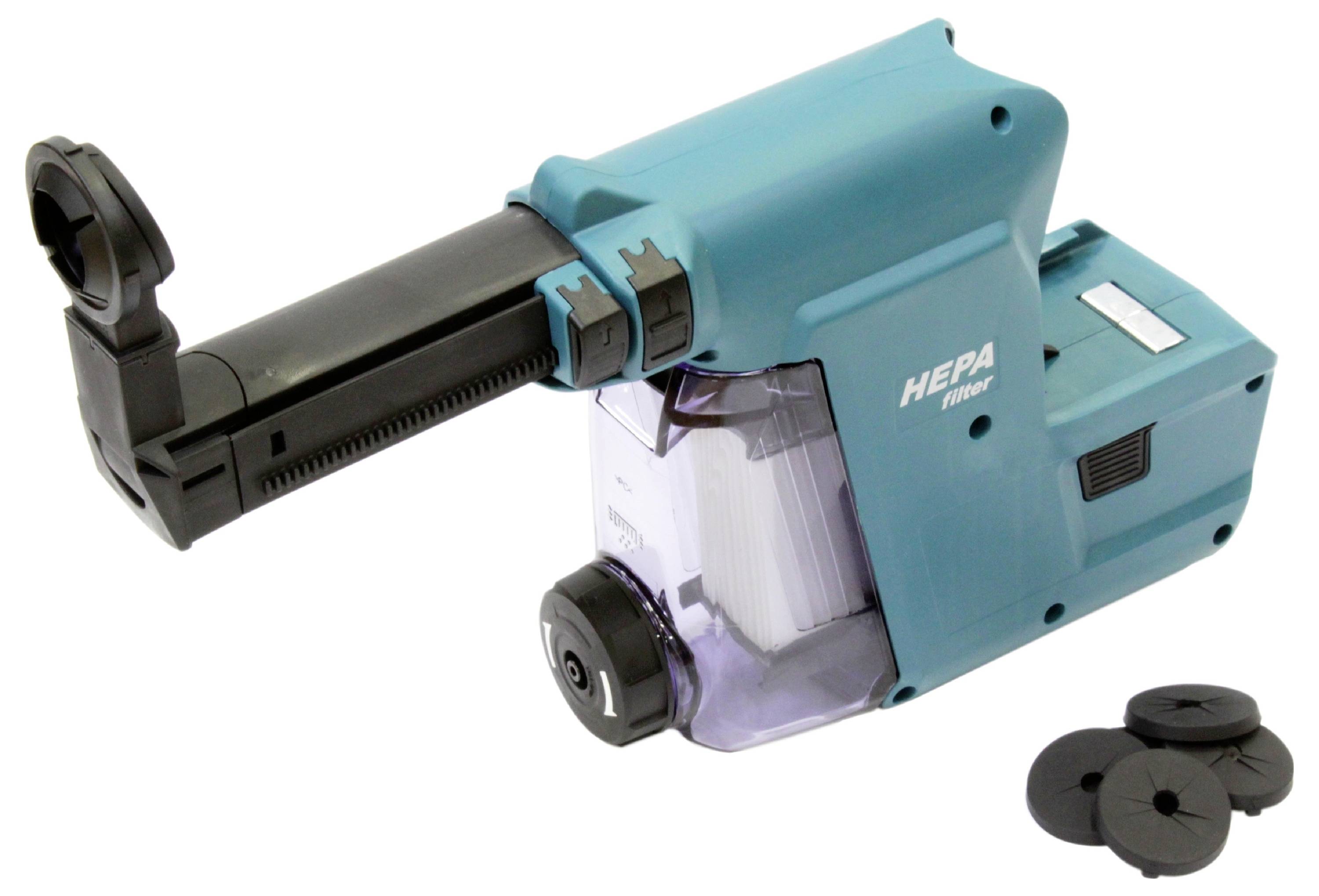 Blue HEPA dust extractor attachment with flexible arm and five circular accessories, suitable for power tools.