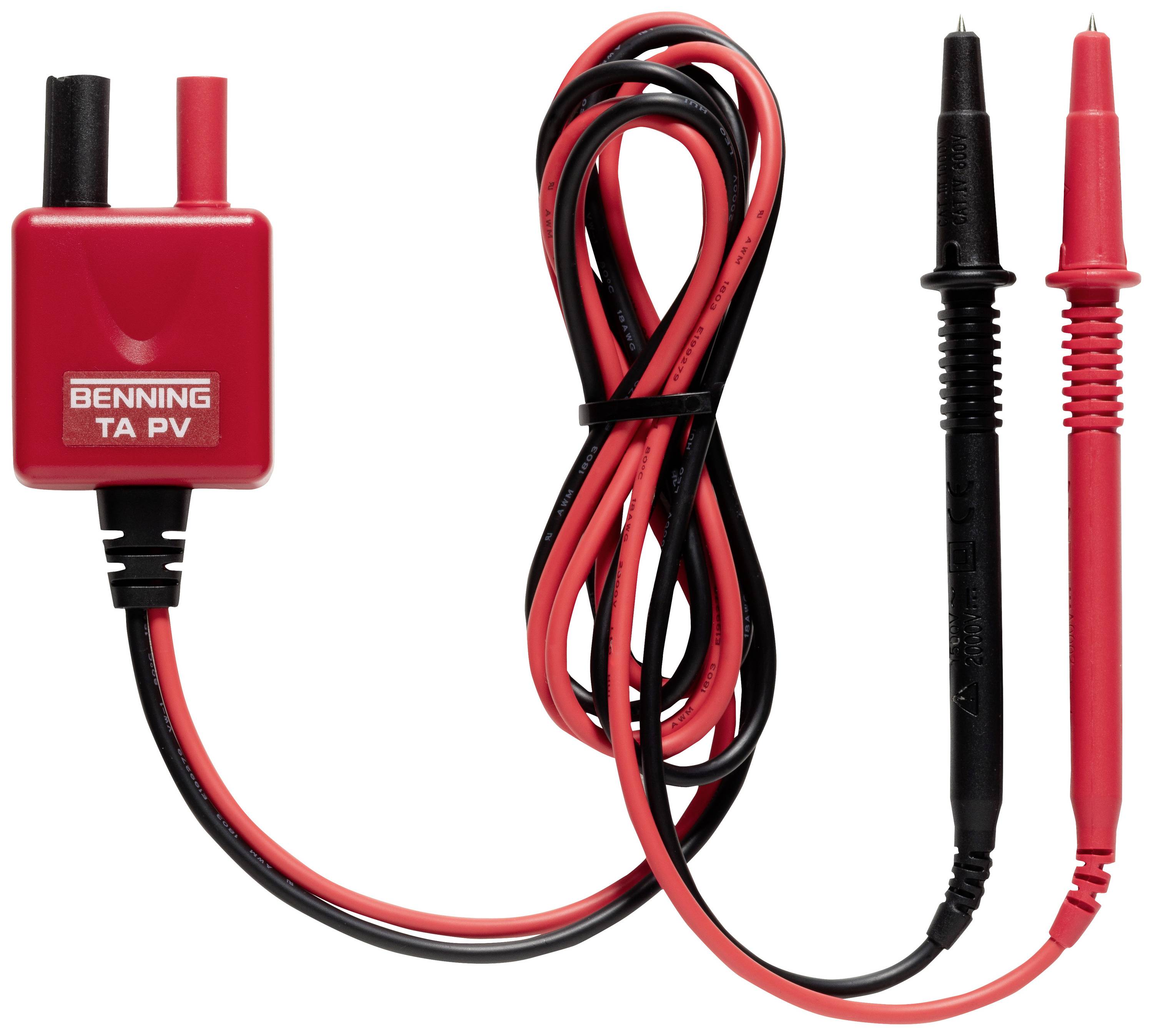 A red cable testing device with two test probes, one black and one red. On the red unit is written 'BENNING TA PV'.