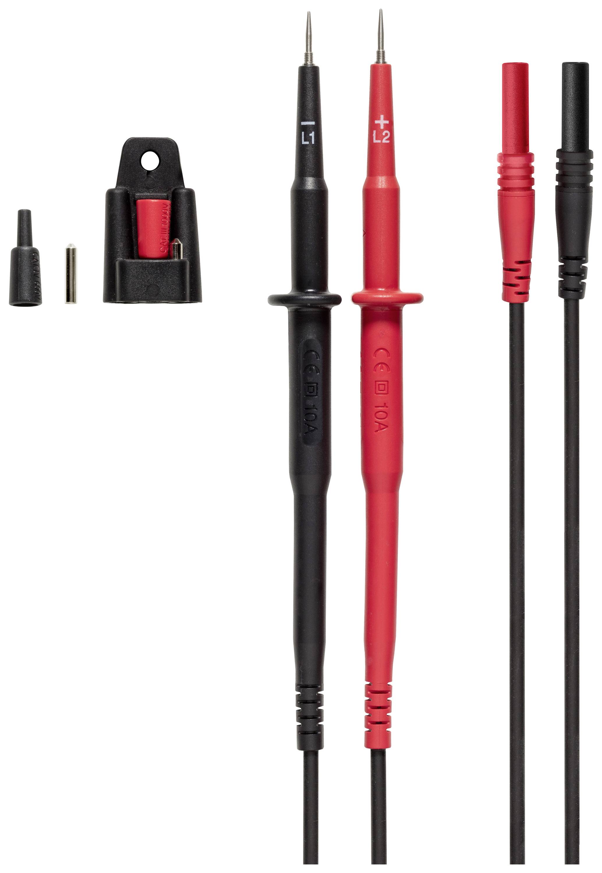 Two measuring leads, black and red, with removable tips; accessories are placed beside them. Used for electrical measurements.