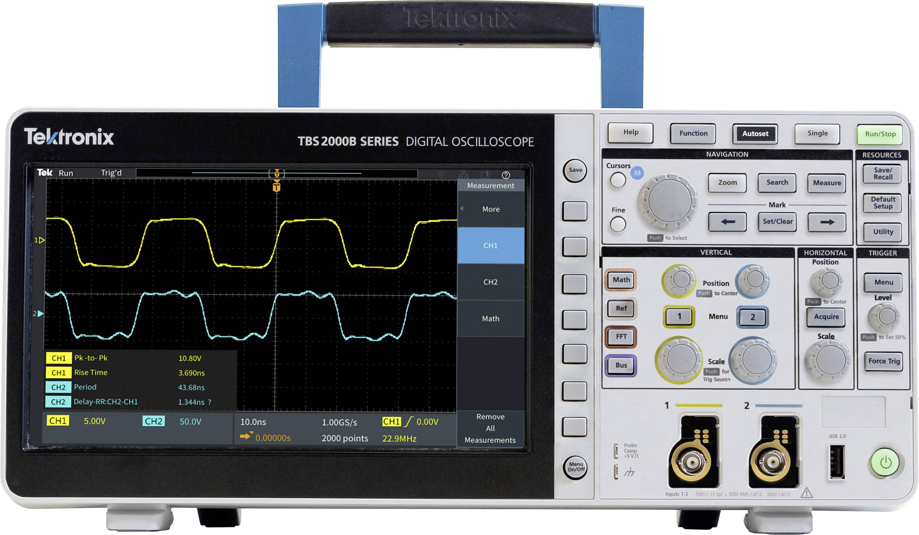 A digital oscilloscope from Tektronix displays two waveform signals on the screen. Menu options are located on the left, and various connections are positioned at the bottom.