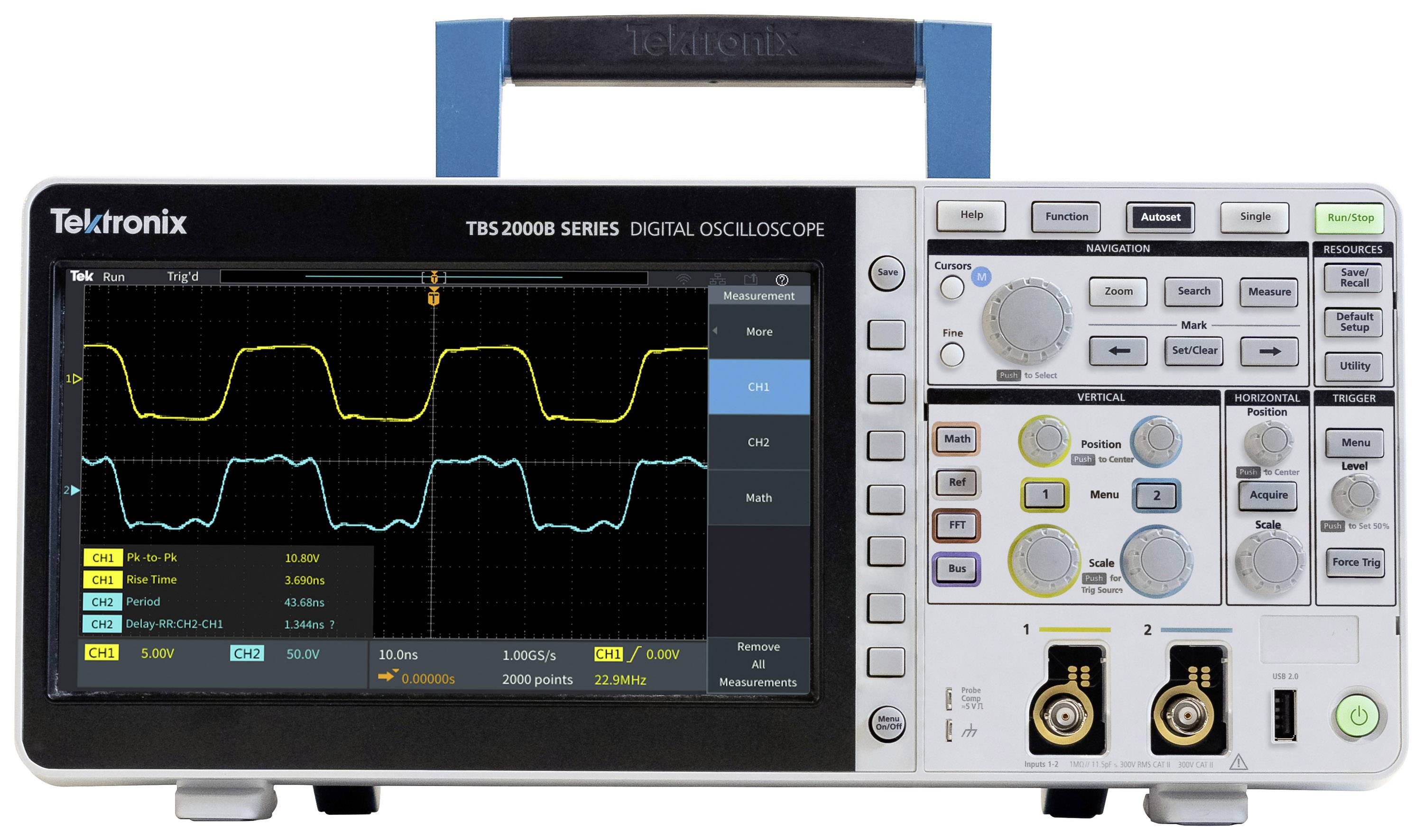 Digital oscilloscope with two waveform signals on the screen, numerous control buttons and connections on the right-hand side.