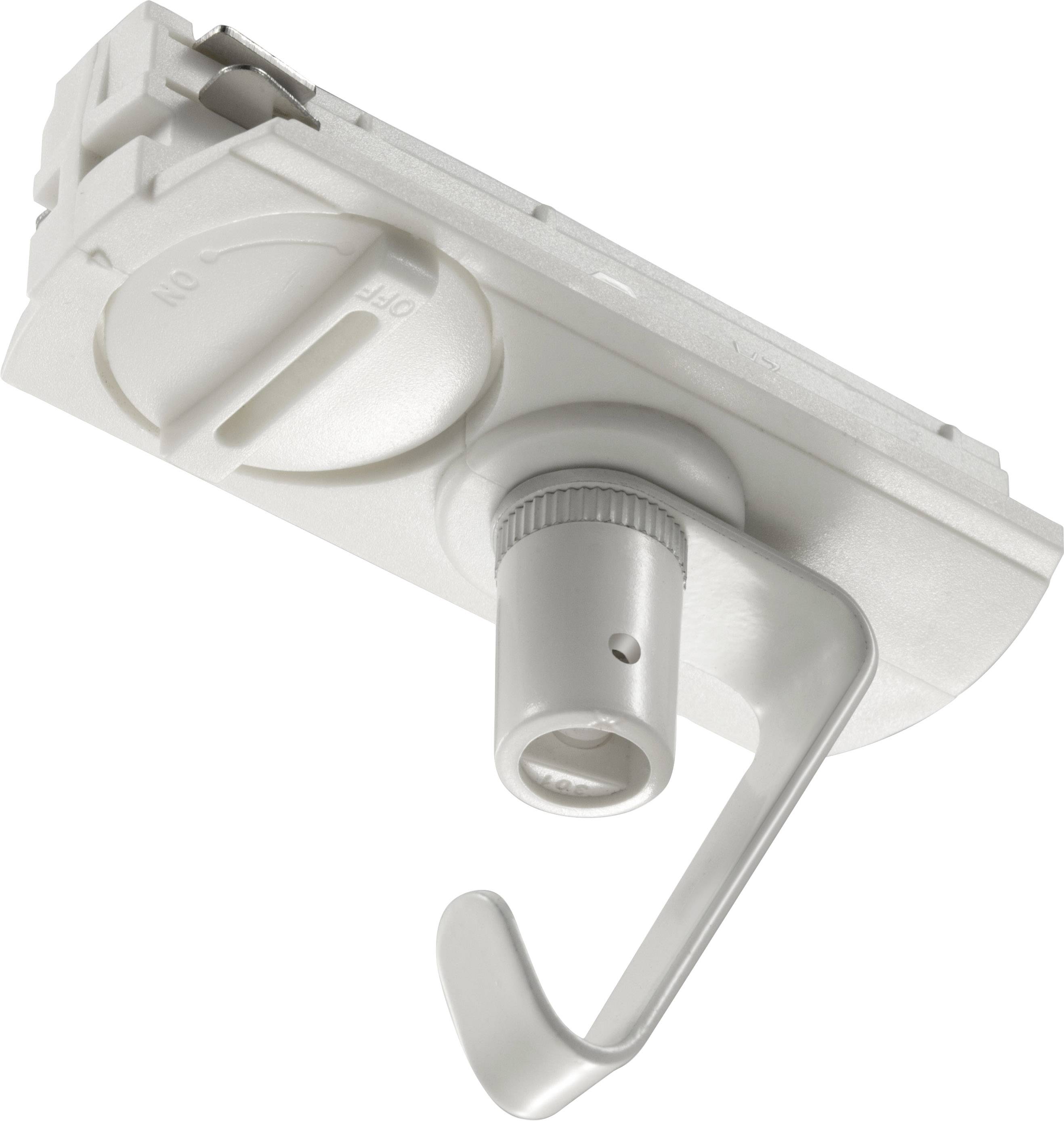 White plastic component, presumably part of a locking mechanism with a lever and switch.
