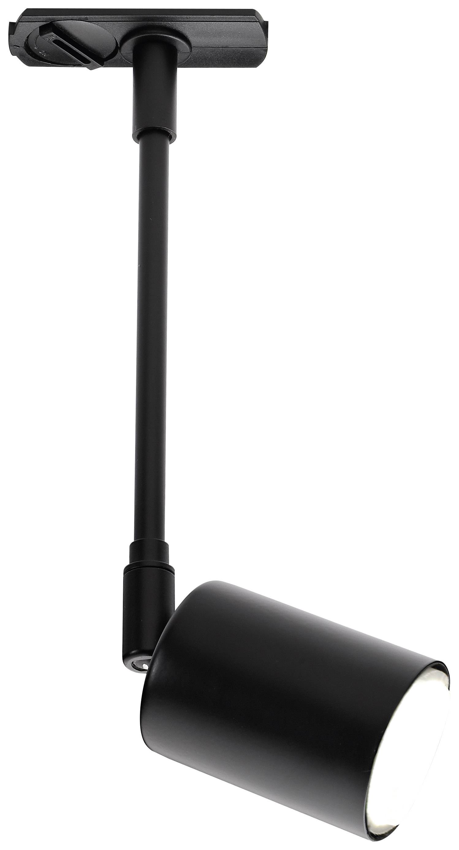 Black, cylindrical ceiling spotlight with a pivoting head, mounted on an adjustable rod, for directed lighting.