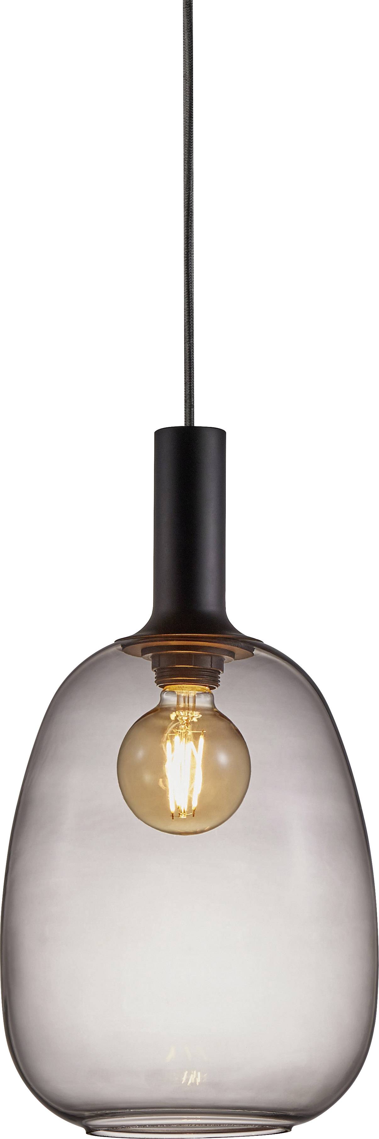 A contemporary pendant light with a clear glass dome and visible filament, hanging from the ceiling.