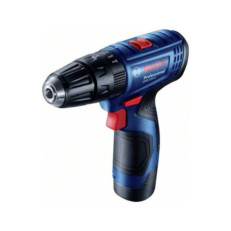A blue cordless drill with a black handle and drill head. It has red control elements and displays the logo of a well-known tool brand.