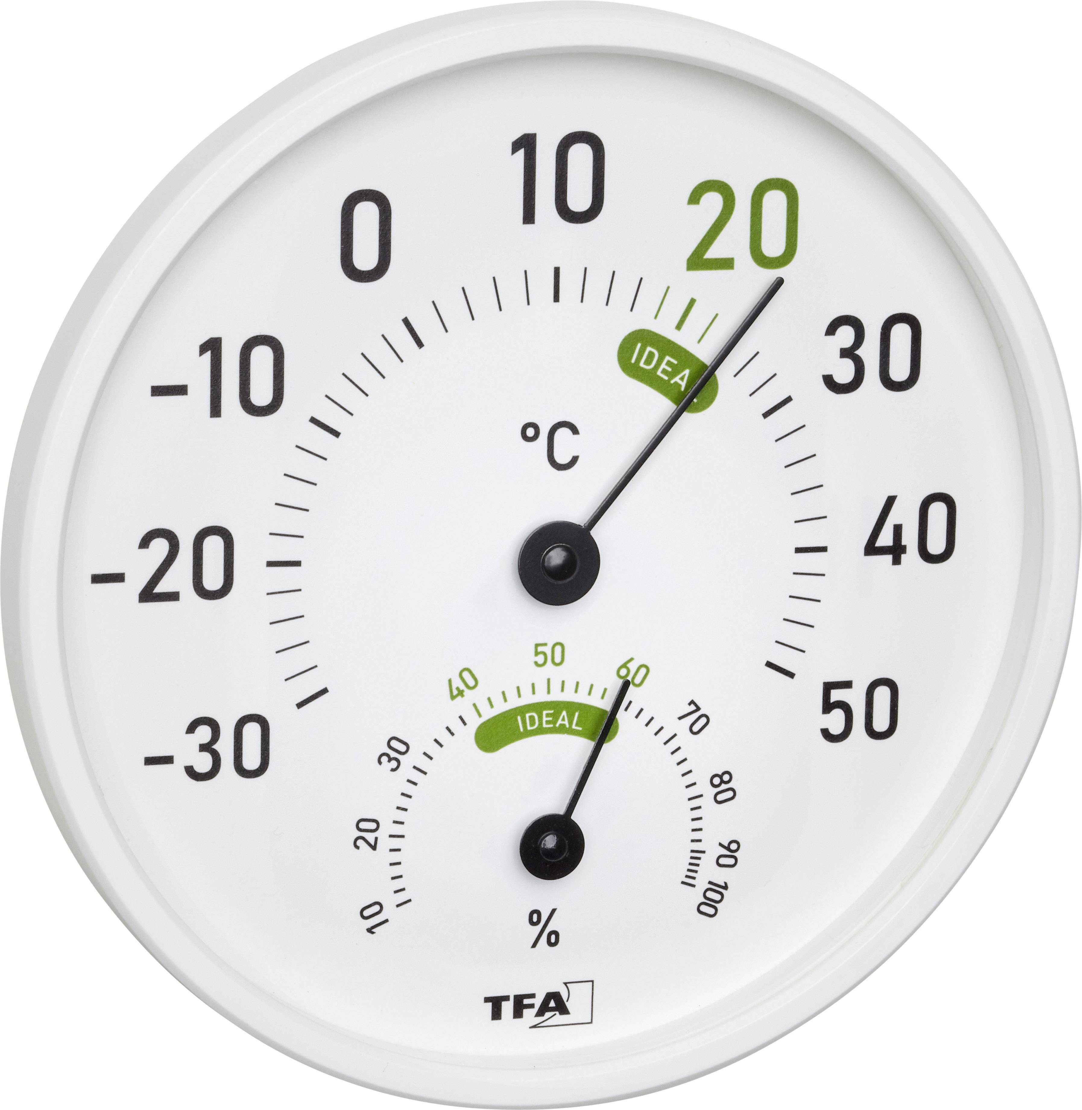Round hygrometer-thermometer with two scales. Inner scale shows humidity, outer scale temperature. Temperature is approx. 21°C, humidity at 60%.