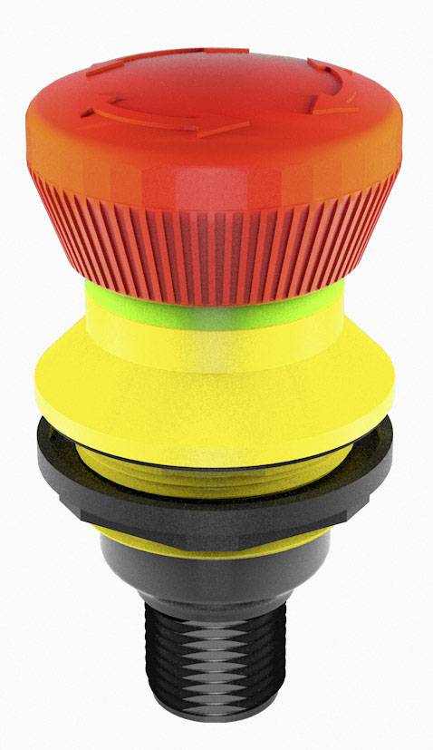 Emergency stop button in luminous red and yellow. The switch is designed for rapid activation during emergencies and serves safety purposes.