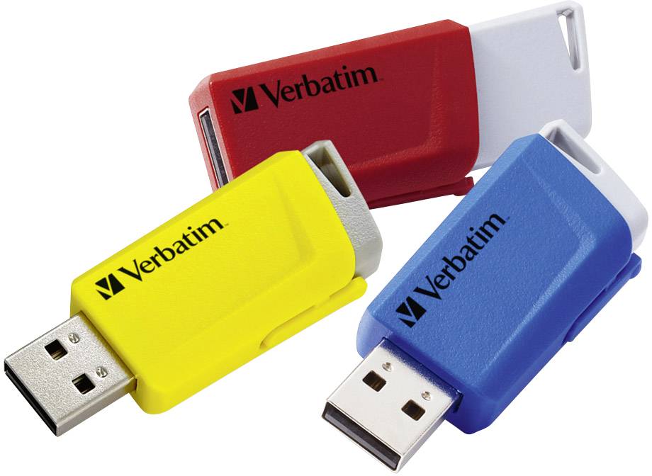 Three Verbatim USB drives in yellow, red, and blue, arranged neatly on a white background.